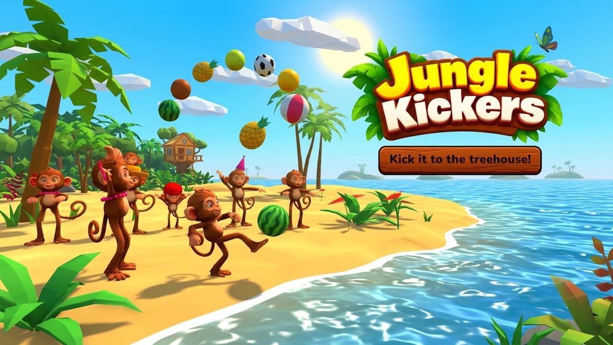 Monkeys kicking fruit on a tropical beach in Jungle Kickers
